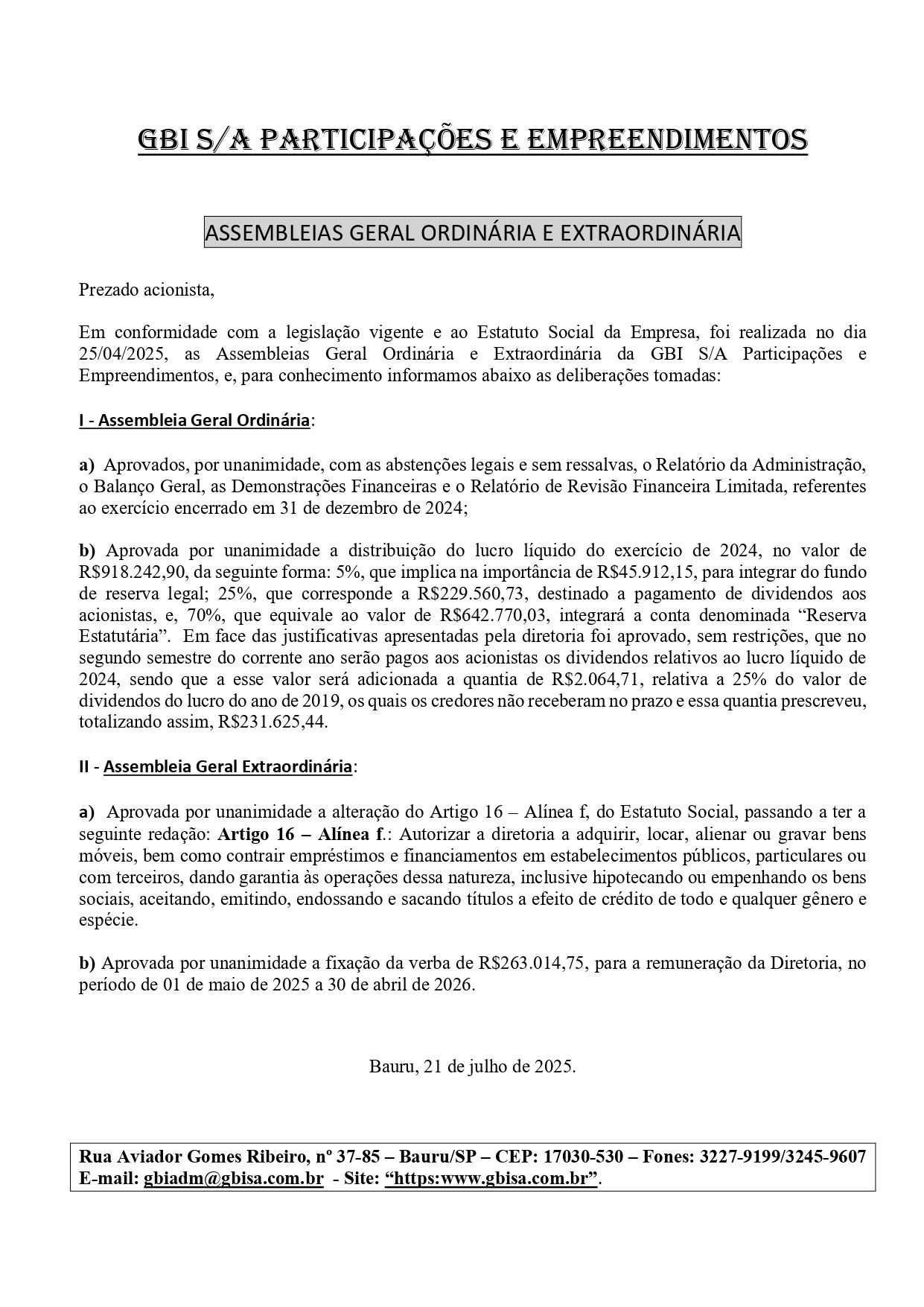 Deliberações da Assembleia